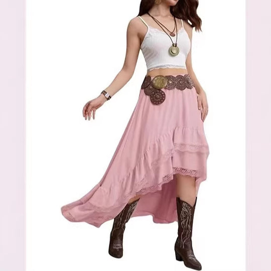 Damen Boho Maxi-Rock mit asymmetrischem Saum und Spitzenverzierungen EB