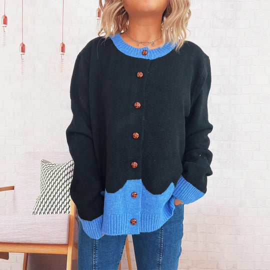 Damen lässige Strickjacke mit buntem Kontrast und eleganten Knopfdetails EB