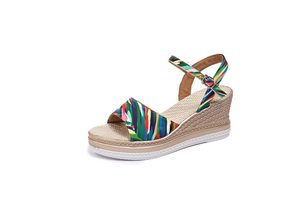Damen  Espadrille-Keilpantoletten mit geflochtenem Bastplateau und verstellbarem Knöchelriemen EB