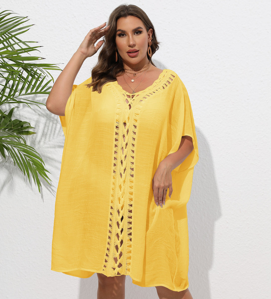 Damen Luftiger Strandkimono mit dekorativer Häkelspitze EB