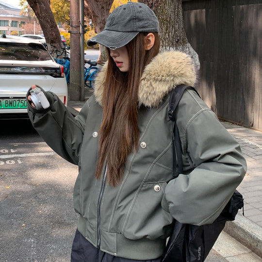 Damen gefütterte Winterjacke mit abnehmbarem Kunstfellkragen und großen Taschen EB