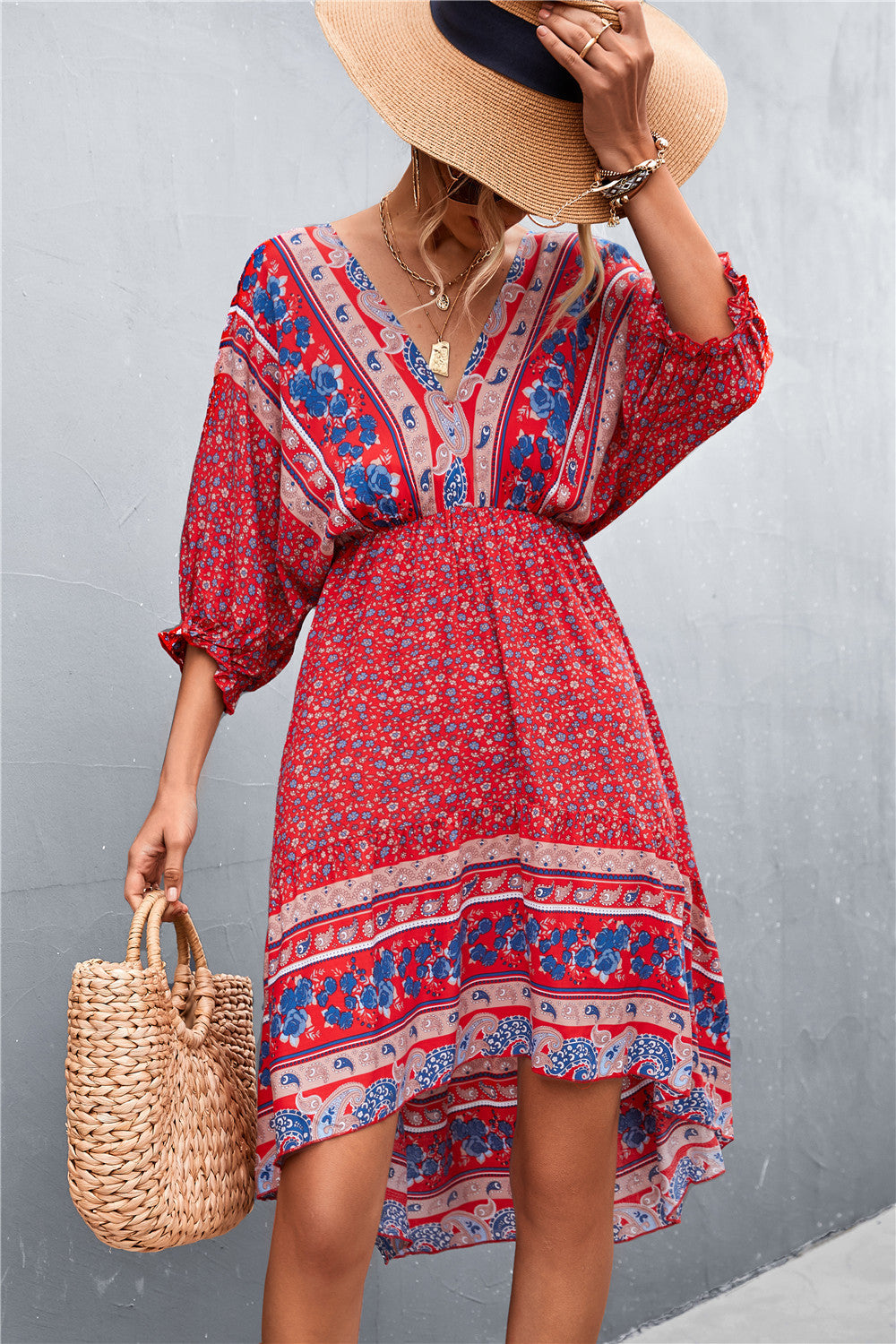 Damen Langarmkleid mit boho-inspiriertem Druck und elastischem Bund EB