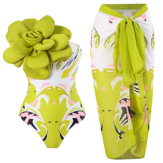 Damen Eleganter Badeanzug mit großem Blumen-Detail und transparentem Überrock EB