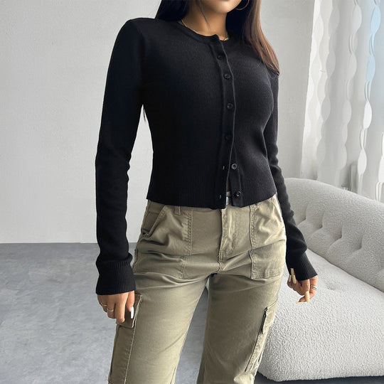 Damen nan taillierter Feinstrick-Cardigan mit Rundhals und Zierknopfleiste EB