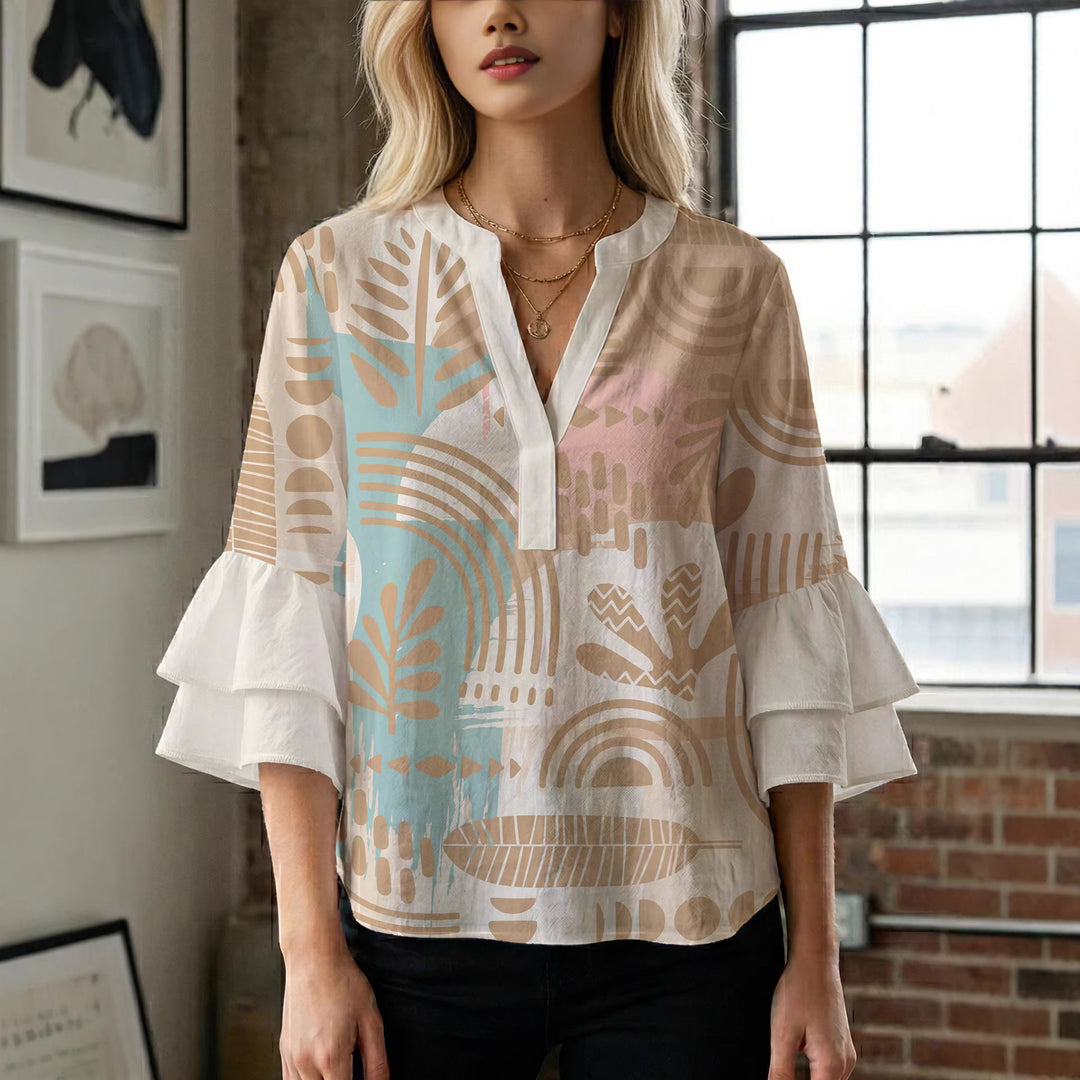 Damen Bluse mit Rüschendetails und auffälligem Animal-Print EB