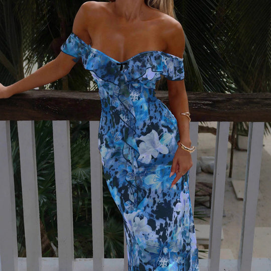 Damen Off-Shoulder Maxikleid mit floralem Muster und Rüschendetails EB