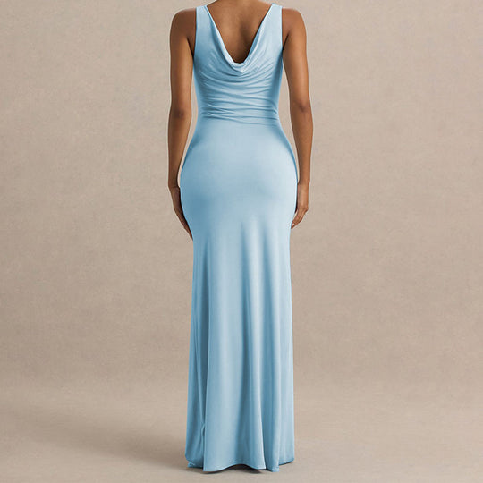 Damen Elegantes Maxikleid mit tiefem V-Ausschnitt und seitlicher Raffung EB