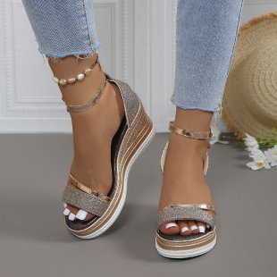 Damen Wedge-Sandalen mit glitzerndem Riemen und verstellbarem Fesselriemen EB