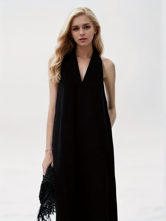 Damen Elegantes Maxikleid mit tiefem V-Ausschnitt und fließendem Stoff EB