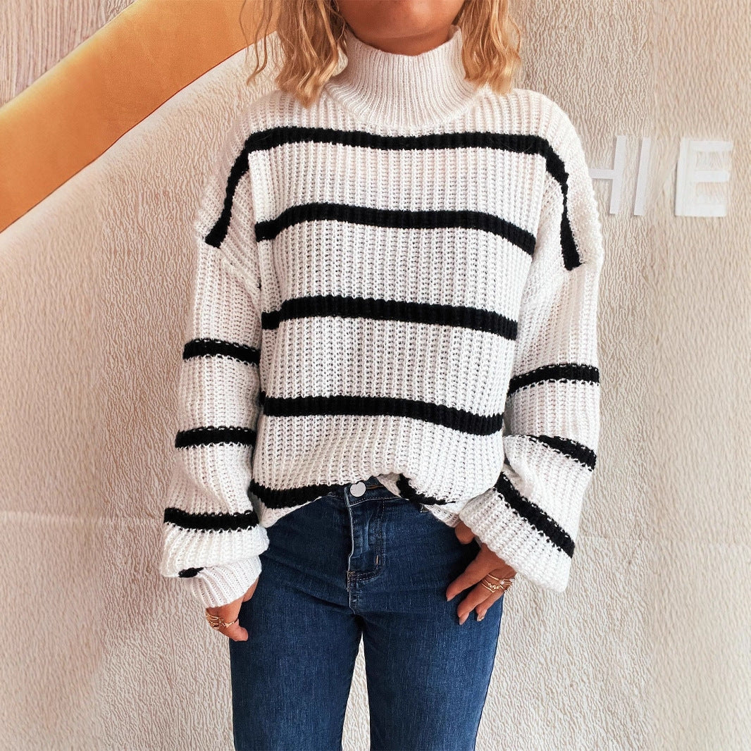 Damen Strickpullover mit hohem Kragen und modischem Streifenmuster EB