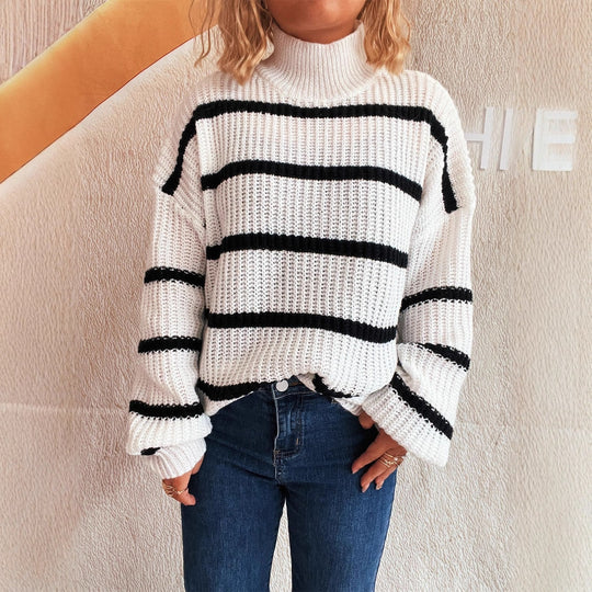 Damen Strickpullover mit hohem Kragen und modischem Streifenmuster EB