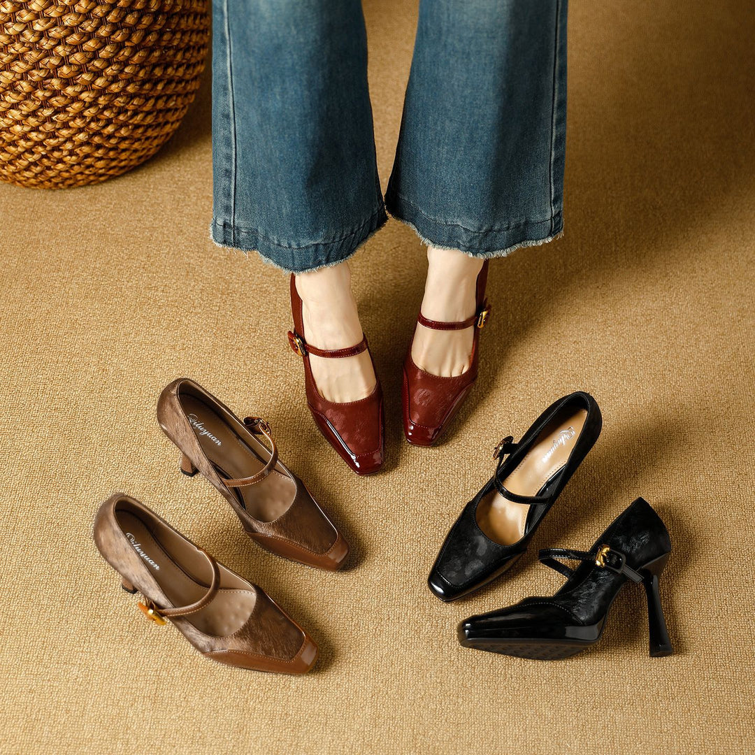 Damen elegante Mary Jane Pumps mit luxuriösem Glanz und modischem Riemendesign EB