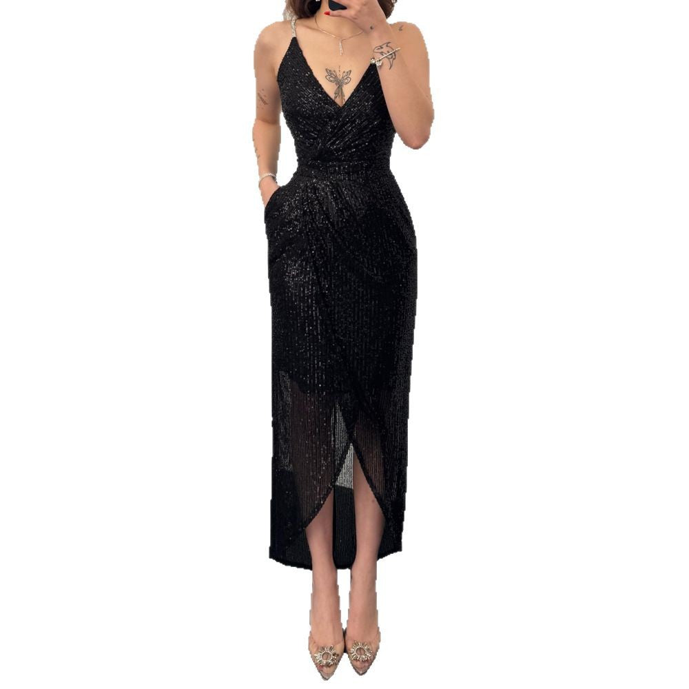 Damen Elegant Funktionskleid mit schimmerndem Paillettenstoff und tiefem V-Ausschnitt EB