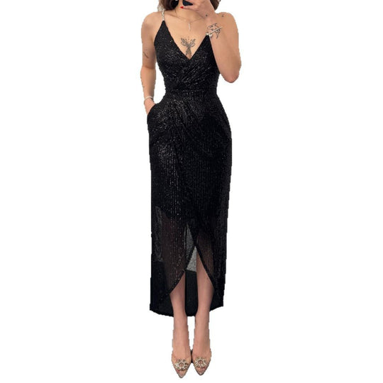 Damen Elegant Funktionskleid mit schimmerndem Paillettenstoff und tiefem V-Ausschnitt EB