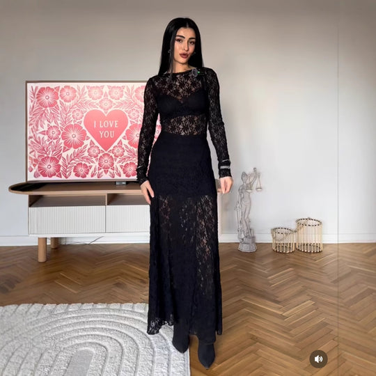 Damen Langarm Spitzenkleid EB