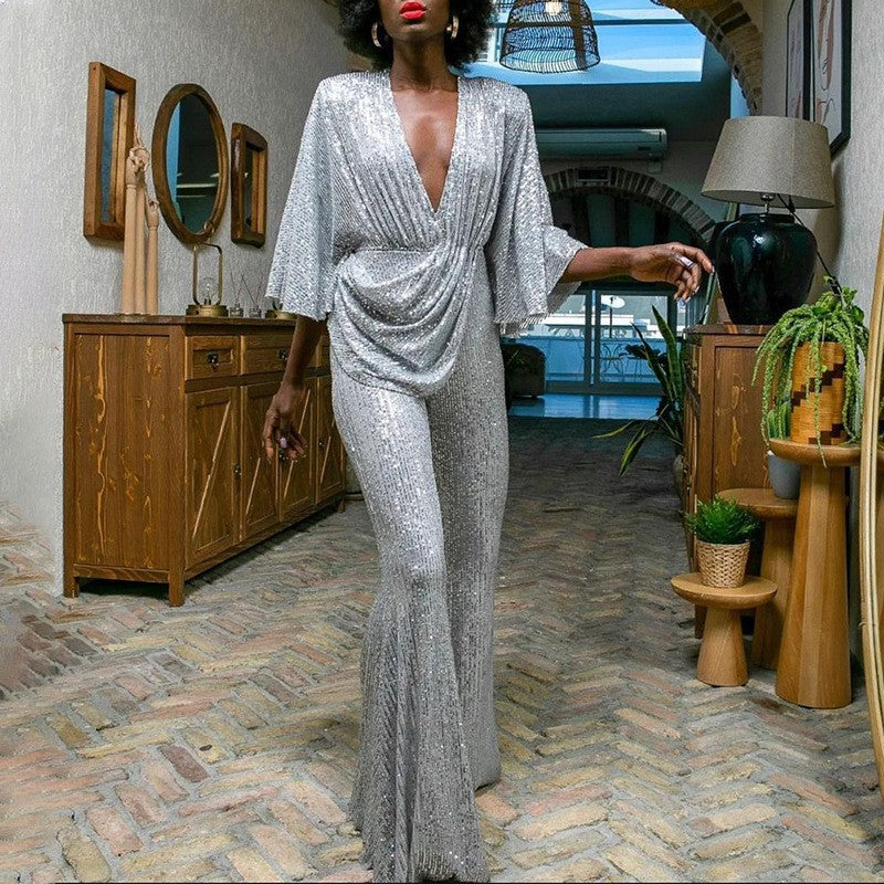 Damen Glamouröser Jumpsuit mit funkelnden Pailletten und weitem Bein EB