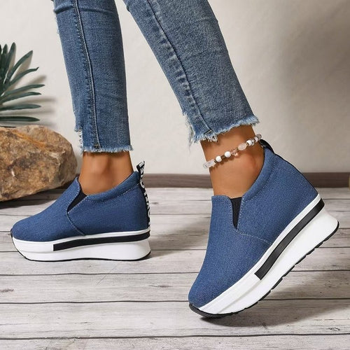 Damen Wedge-Slipper aus hochwertigem Jeansmaterial mit elastischem Einstieg EB