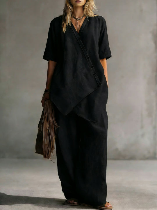 Damen Leinen-Zweiteiler mit asymmetrischer Knopfleiste und weiter Palazzo-Hose EB