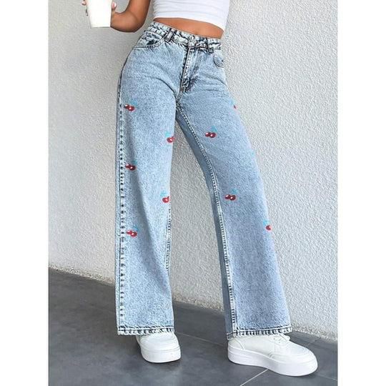 Damen Weit geschnittene Jeans im fruchtigem Stickdesign EB
