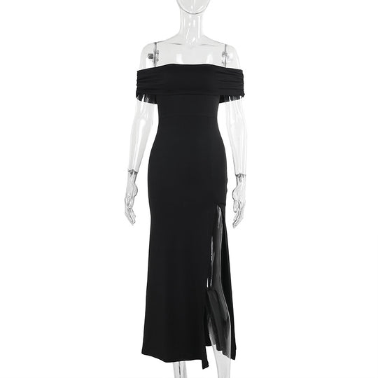 Damen Maxi-Kleid mit schulterfreiem Design und elegantem Schlitz EB