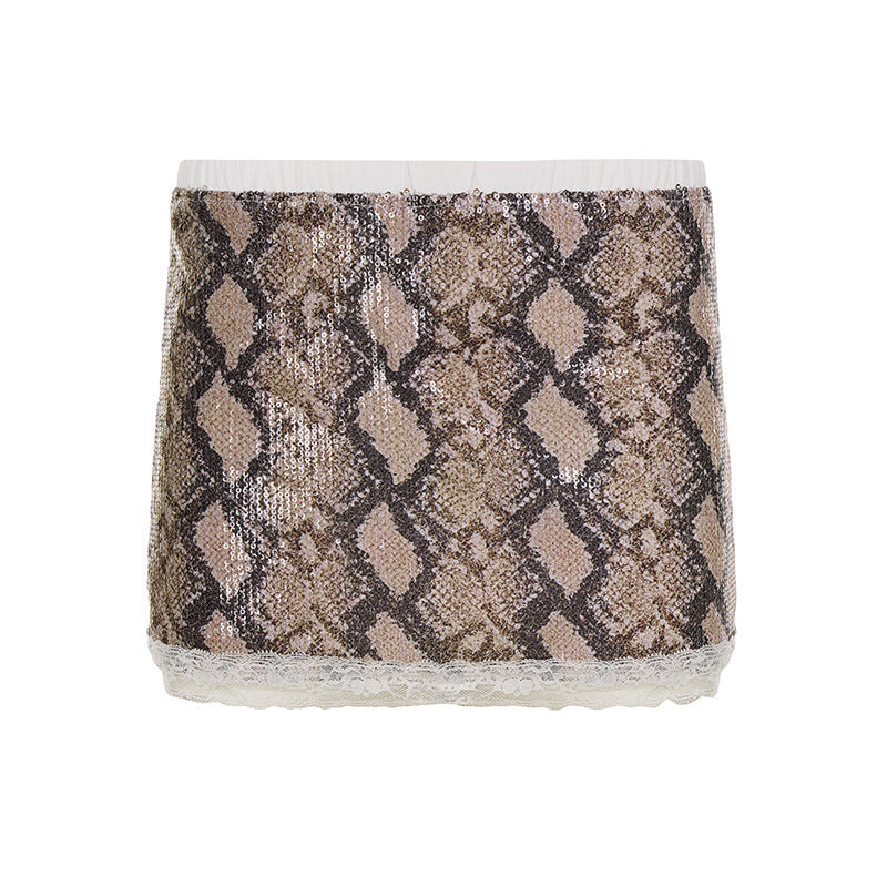 Damen Glitzernder Minirock mit Schlangenmuster und Spitzenrand EB