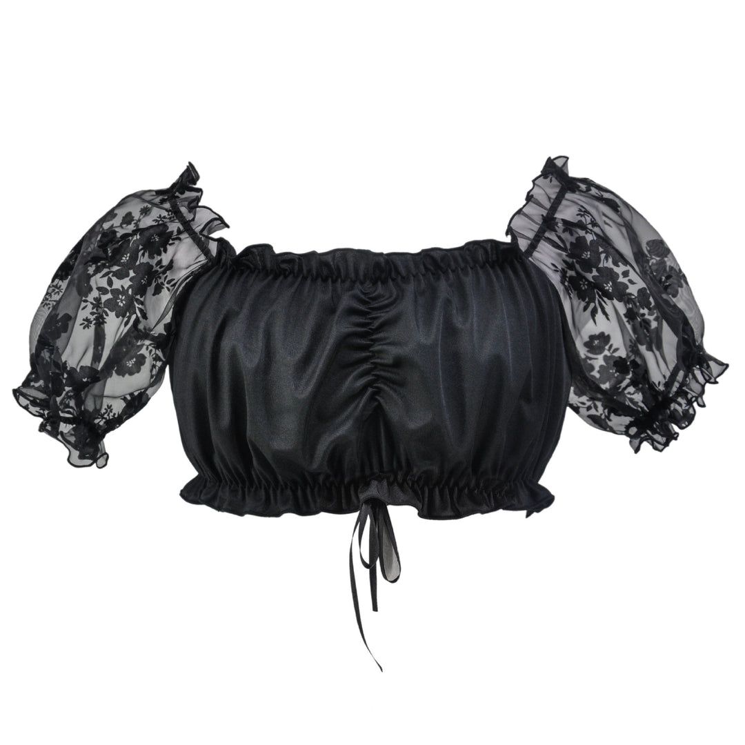 Damen nan Carmen-Dirndlbluse kurz mit geraffter Vorderpartie elastischem Saum und transparenten Puffärmeln EB