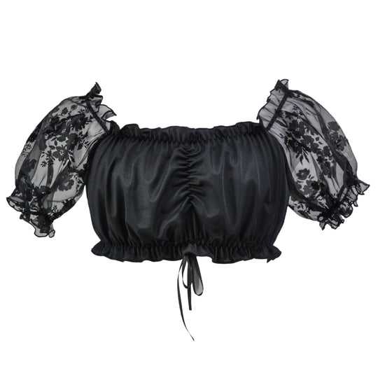 Damen nan Carmen-Dirndlbluse kurz mit geraffter Vorderpartie elastischem Saum und transparenten Puffärmeln EB