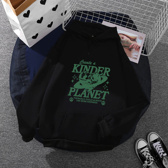 Unisex nan oversized Kapuzenpullover mit Statement-Print "Kinder Planet", Kängurutasche und weichem Futter EB