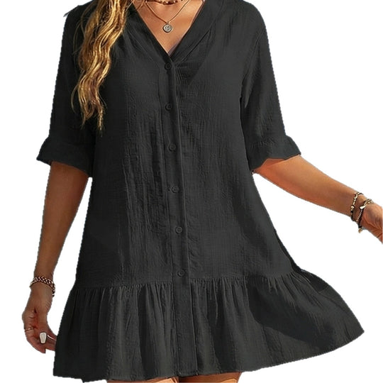 Damen luftiges Sommerkleid mit Knopfleiste und Rüschen EB