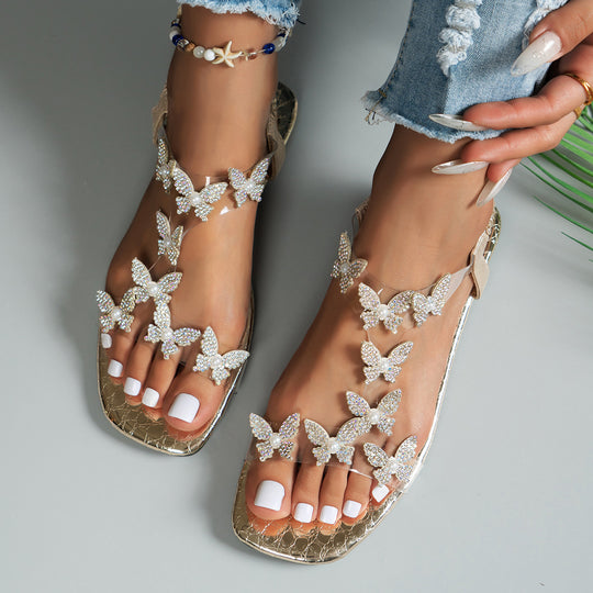 Damen Glamouröse Zehentrenner-Sandalen mit funkelnden Schmetterlings-Applikationen EB
