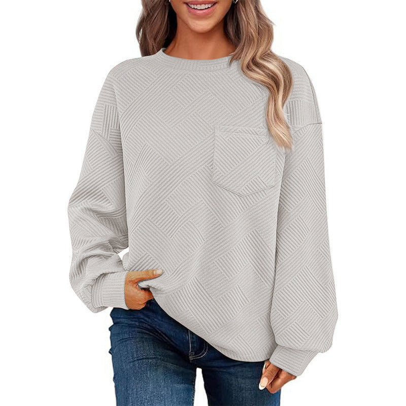 Damen lässiger Pullover mit strukturiertem Muster und praktischer Brusttasche EB