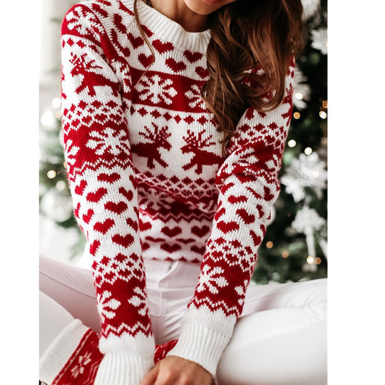 Damen Strickpullover mit weihnachtlichem Muster und Rundhalsausschnitt EB