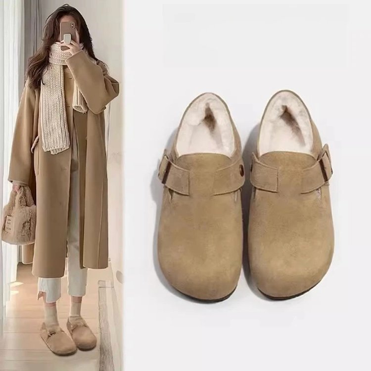 Damen bequeme Filzclogs mit weichem Kunstfellfutter und modischem Schnallenverschluss EB