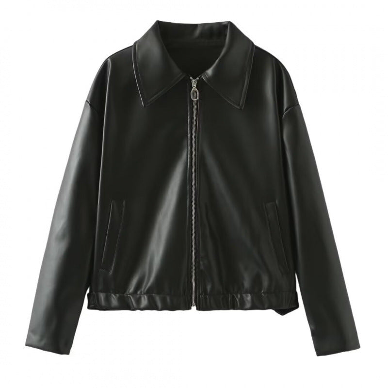 Damen modische Kunstlederjacke mit schlichter Eleganz und praktischen Taschen EB