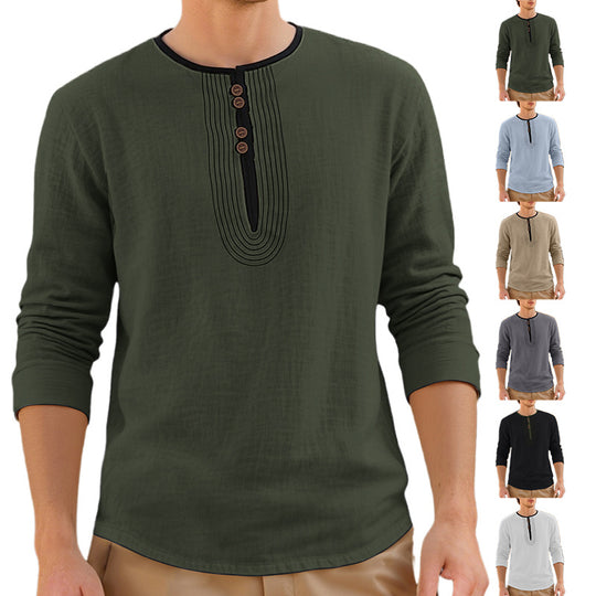 Herren nan lässiges Leinenmix-Langarmshirt mit dekorativer Knopfleiste und Ziersteppung EB