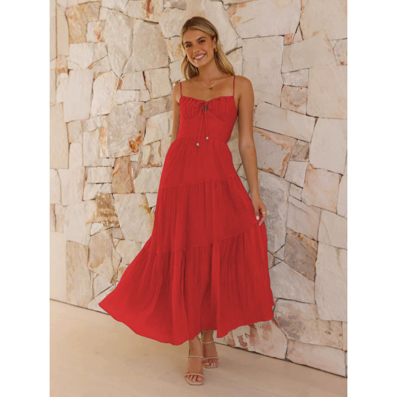 Damen Maxikleid mit herkömmlichem Spaghettiträgerschnitt und romantischem Volantdesign EB