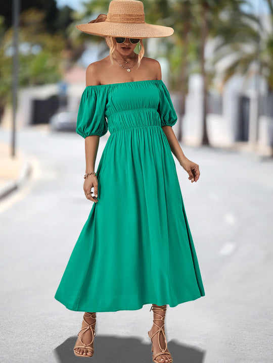 Damen Off-Shoulder Maxikleid mit voluminösen Puffärmeln und elastischem Taillenband EB