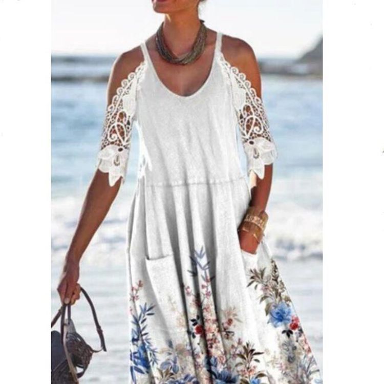 Damen Maxikleid mit eleganten Spitzenärmeln und floralem Muster Heidi-Mode