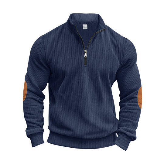 Herren nan strukturierter Baumwoll-Strickpullover mit halbem Reißverschluss und Ellenbogenbesatz EB