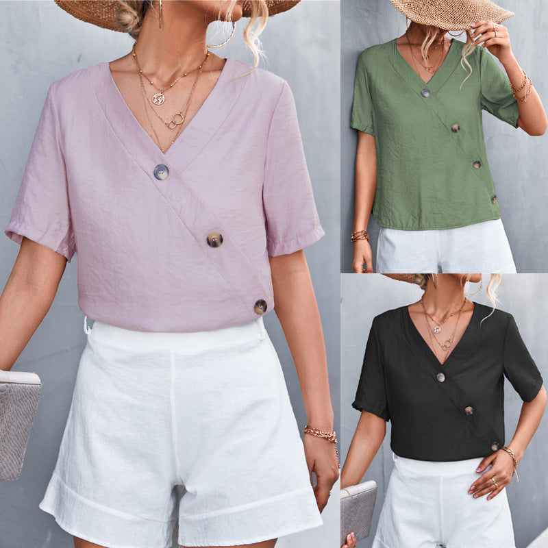 Damen lässige Bluse mit Wickeloptik und Knopfdetails EB