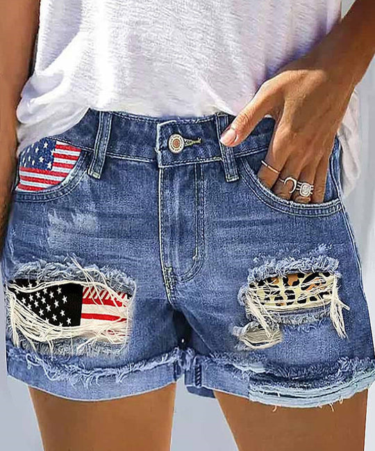 Damen Jeansshorts mit modischem USA-Print und Destroyed-Detail EB