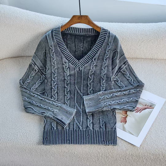 Damen Modischer Strickpullover mit V-Ausschnitt und Zopfmuster EB