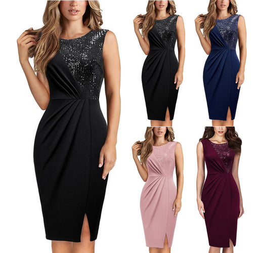 Damen Elegantes und figurbetontes Cocktailkleid mit Paillettenoberteil EB