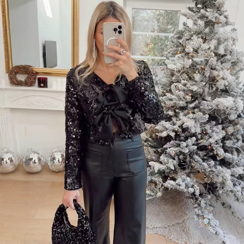 Damen elegante Lurex-Partyjacke mit Rüschen und schönen Schleifen EB