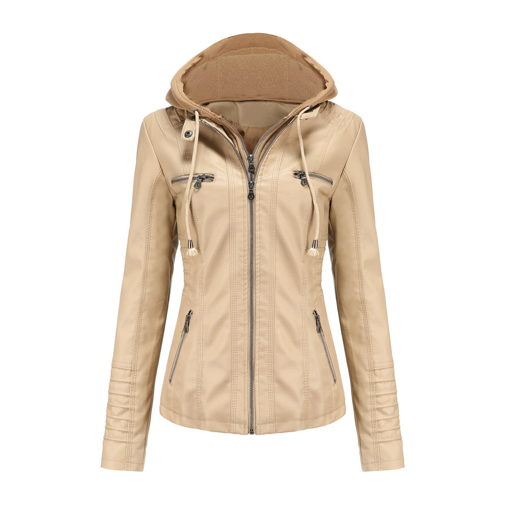 Damen nan taillierte Kunstlederjacke mit Kapuze, gesteppter Armblende und verdeckten Reißverschlusstaschen EB
