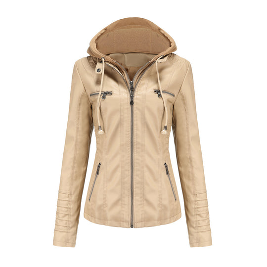 Damen nan taillierte Kunstlederjacke mit Kapuze, gesteppter Armblende und verdeckten Reißverschlusstaschen EB
