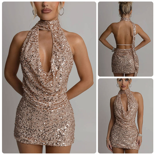 Damen Glamouröses Paillettenkleid mit schimmerndem Halterdesign EB