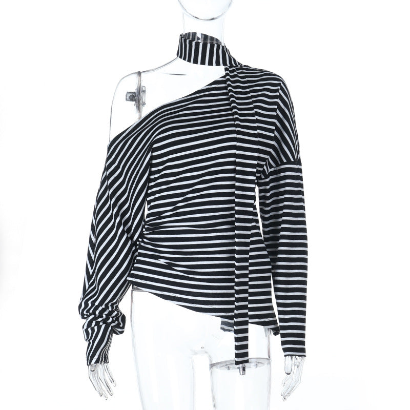 Damen asymmetrisches Streifenoberteil mit schulterfreiem Design und eleganter Schluppe EB