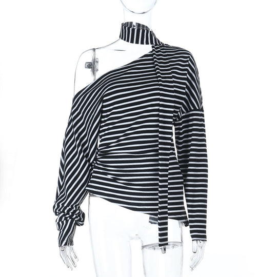 Damen asymmetrisches Streifenoberteil mit schulterfreiem Design und eleganter Schluppe EB