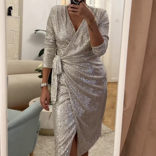 Damen Glamouröses Pailletten-Kleid mit Wickeloptik und langen Ärmeln EB